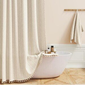 Farmhouse Shower Curtain 60 x 72 Beige White Stitching Fringe Linen Blend Boho